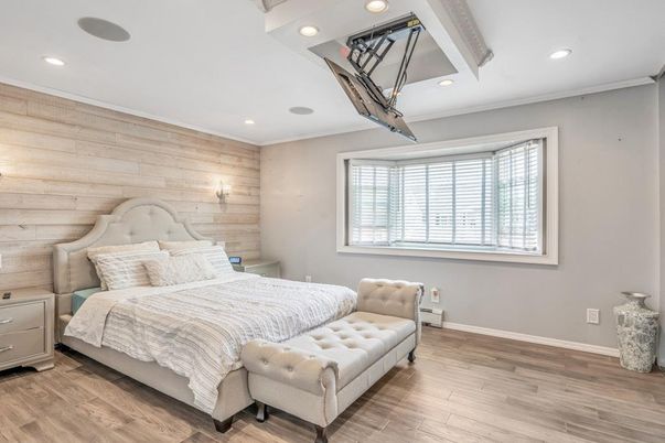 Bedroom, Interior, Recessed Lighting, Wood Texture Flooring, Wooden Walls