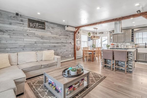 Dining room, Interior, Kitchen, Living room, Pendant Lights, Recessed Lighting, Wood Texture Flooring, Wooden Walls