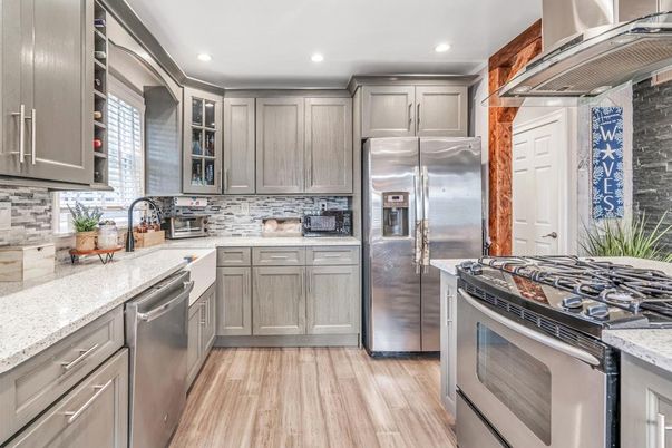 Interior, Kitchen, Recessed Lighting, Stainless Steel Appliances, Wood Texture Flooring