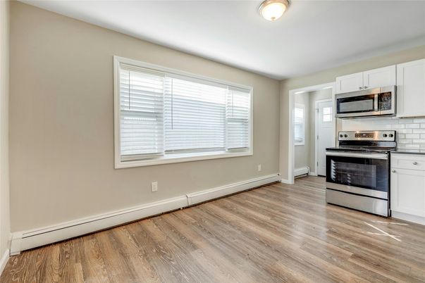 Empty room, Interior, Kitchen, Stainless Steel Appliances, Wood Texture Flooring