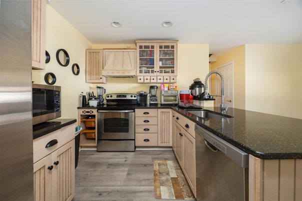 Interior, Kitchen, Recessed Lighting, Stainless Steel Appliances, Wood Texture Flooring