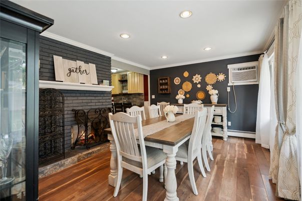 Dining room, Fireplace, Interior, Recessed Lighting, Wood Texture Flooring