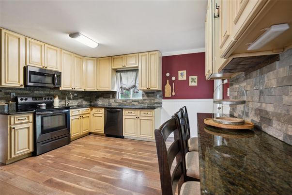 Interior, Kitchen, Stainless Steel Appliances, Stone Walls, Wood Texture Flooring