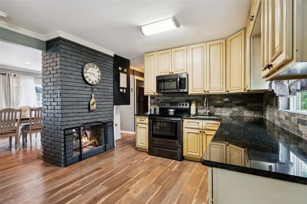 Dining room, Fireplace, Interior, Kitchen, Wood Texture Flooring