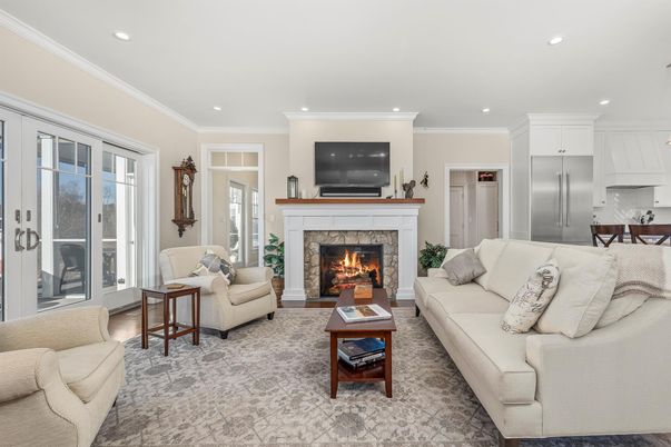 Fireplace, Interior, Kitchen, Living room, Recessed Lighting, Stainless Steel Appliances, Wood Texture Flooring