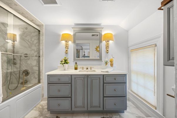 Bathroom, Dual Sink Vanities, Glass Shower, Interior, Marble, Marble Walls