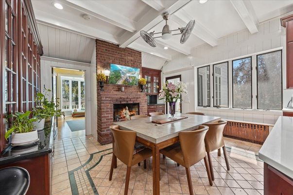 Dining room, Fireplace, Interior, Recessed Lighting, Stone Walls