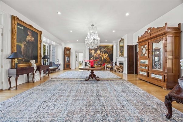 Chandelier, Fireplace, Interior, Piano, Recessed Lighting, Wood Texture Flooring