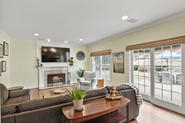 Fireplace, Interior, Living room, Recessed Lighting, Wood Texture Flooring