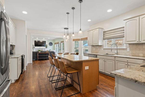 Interior, Kitchen, Pendant Lights, Recessed Lighting, Stainless Steel Appliances, Wood Texture Flooring