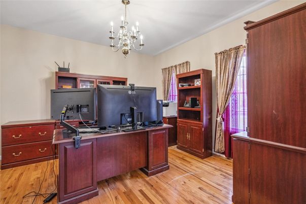 Chandelier, Home Office, Interior, Wood Texture Flooring