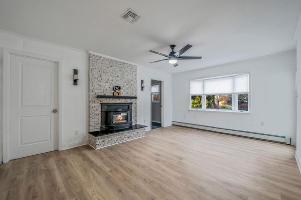 Empty room, Fireplace, Interior, Stone Walls, Wood Texture Flooring