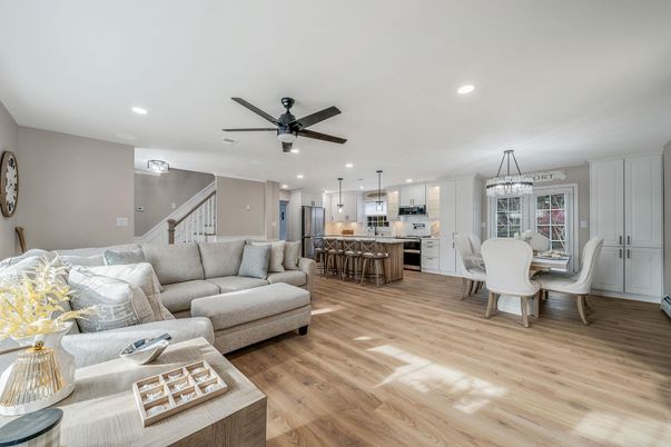 Chandelier, Dining room, Interior, Kitchen, Living room, Pendant Lights, Recessed Lighting, Wood Texture Flooring