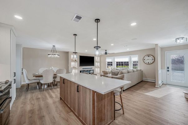 Chandelier, Dining room, Interior, Kitchen, Living room, Pendant Lights, Recessed Lighting, Wood Texture Flooring