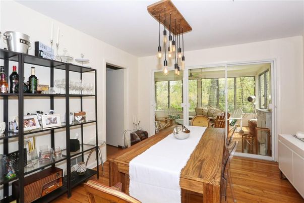 Dining room, Interior, Pendant Lights, Wood Texture Flooring