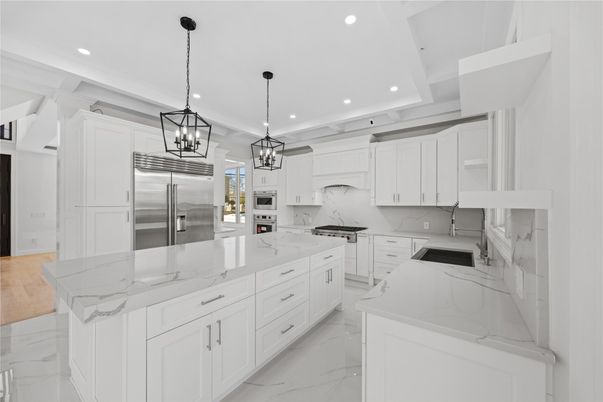 Interior, Kitchen, Marble, Pendant Lights, Recessed Lighting, Stainless Steel Appliances