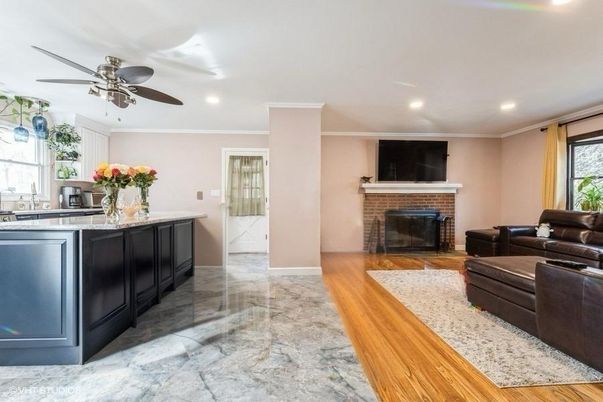 Fireplace, Interior, Kitchen, Living room, Recessed Lighting, Wood Texture Flooring