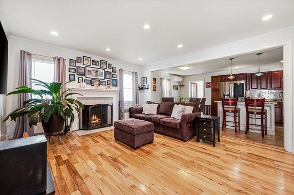 Dining room, Fireplace, Interior, Kitchen, Living room, Pendant Lights, Recessed Lighting, Wood Texture Flooring