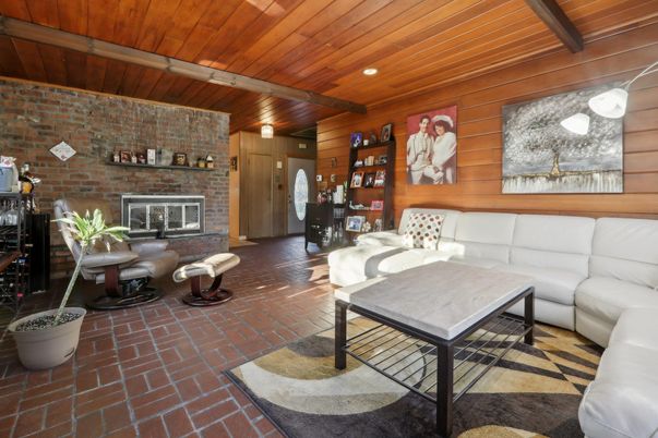 Fireplace, Interior, Living room, Recessed Lighting, Stone Walls, Wooden Beams, Wooden Ceilings, Wooden Walls