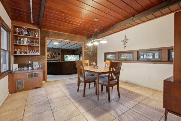 Dining room, Fireplace, Interior, Pendant Lights, Stone Walls, Wooden Beams, Wooden Ceilings