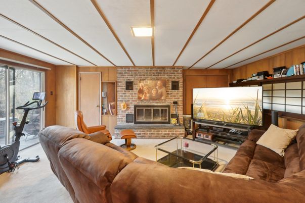 Fireplace, Fitness Equipment, Interior, Living room, Stone Walls