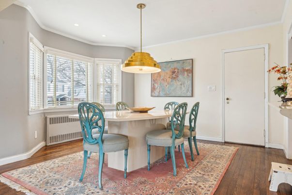 Dining room, Interior, Pendant Lights, Recessed Lighting, Wood Texture Flooring