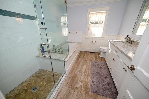 Bathroom, Glass Shower, Interior, Wood Texture Flooring