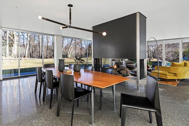 Dining room, Fireplace, Interior, Living room, Recessed Lighting