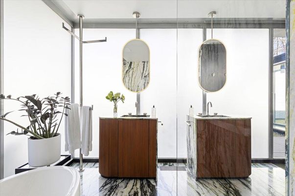 Bathroom, Interior, Marble, Pendant Lights