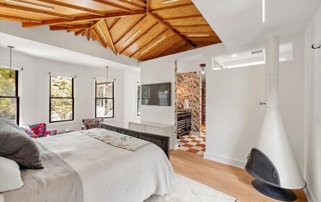 Bedroom, Interior, Pendant Lights, Recessed Lighting, Wooden Beams, Wooden Ceilings, Wood Texture Flooring