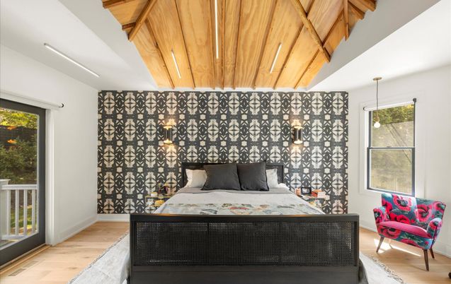 Bedroom, Interior, Pendant Lights, Wooden Beams, Wooden Ceilings, Wood Texture Flooring