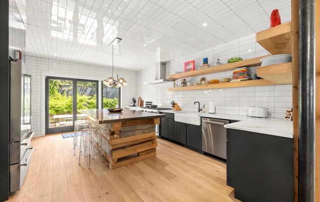 Interior, Kitchen, Pendant Lights, Recessed Lighting, Stainless Steel Appliances, Wood Texture Flooring