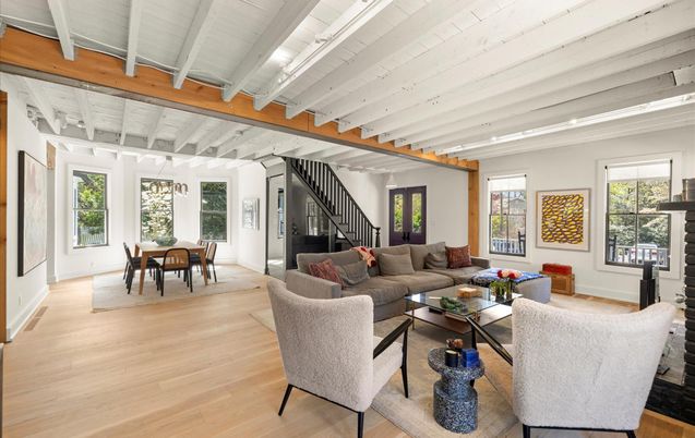Dining room, Interior, Living room, Pendant Lights, Wooden Beams, Wood Texture Flooring