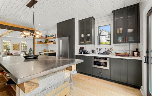 Interior, Kitchen, Pendant Lights, Recessed Lighting, Stainless Steel Appliances, Wood Texture Flooring