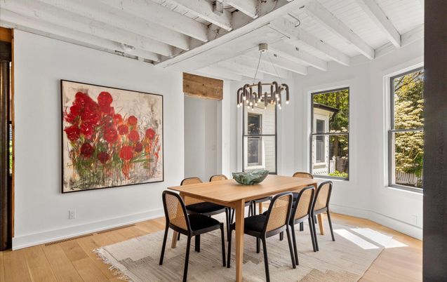 Dining room, Interior, Pendant Lights, Wooden Beams, Wood Texture Flooring