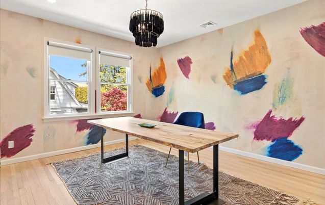 Chandelier, Home Office, Interior, Recessed Lighting, Wood Texture Flooring