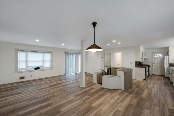Interior, Kitchen, Pendant Lights, Recessed Lighting, Wood Texture Flooring