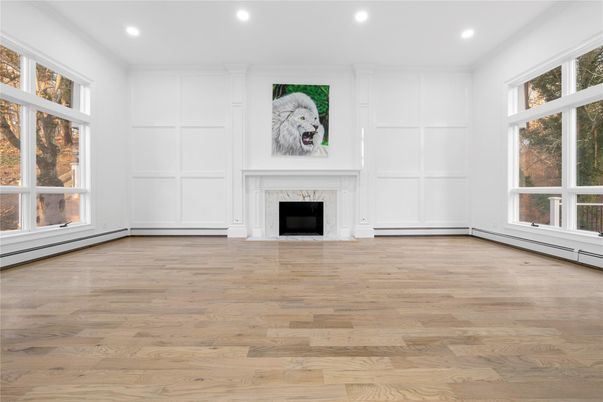 Empty room, Fireplace, Interior, Recessed Lighting, Wood Texture Flooring