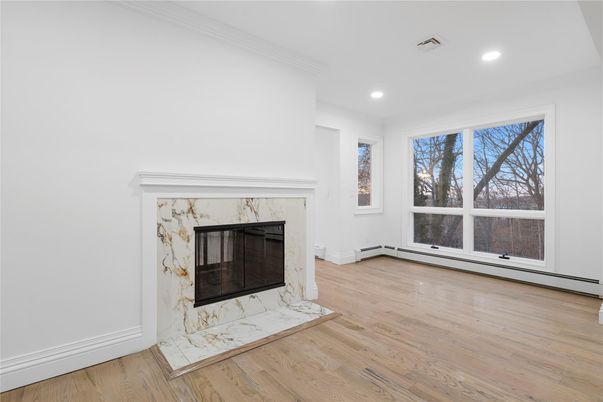 Empty room, Fireplace, Interior, Recessed Lighting, Wood Texture Flooring