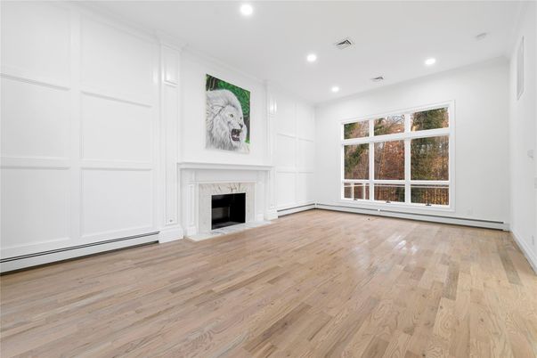 Empty room, Fireplace, Interior, Recessed Lighting, Wood Texture Flooring