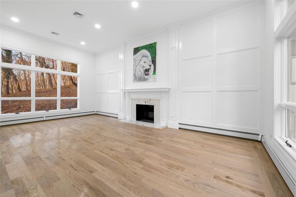 Empty room, Fireplace, Interior, Recessed Lighting, Wood Texture Flooring