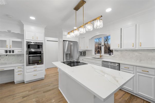 Interior, Kitchen, Pendant Lights, Recessed Lighting, Stainless Steel Appliances, Wood Texture Flooring