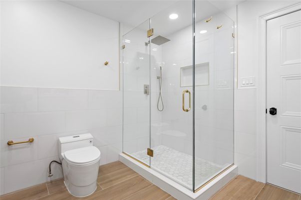 Bathroom, Glass Shower, Interior, Recessed Lighting, Wood Texture Flooring