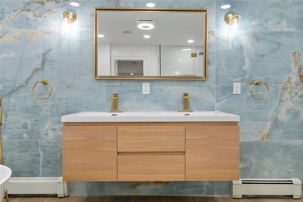 Bathroom, Dual Sink Vanities, Glass Shower, Interior, Recessed Lighting, Wood Texture Flooring