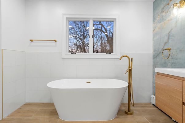 Bathroom, Free Standing Baths, Interior, Wood Texture Flooring