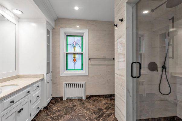 Bathroom, Glass Shower, Interior, Marble Walls, Recessed Lighting