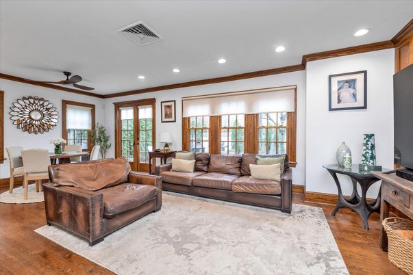 Dining room, Interior, Living room, Recessed Lighting, Wood Texture Flooring