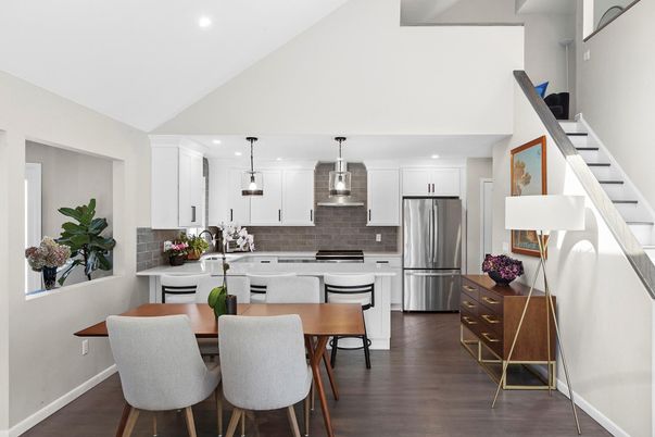 Dining room, Interior, Kitchen, Pendant Lights, Recessed Lighting, Stainless Steel Appliances, Wood Texture Flooring