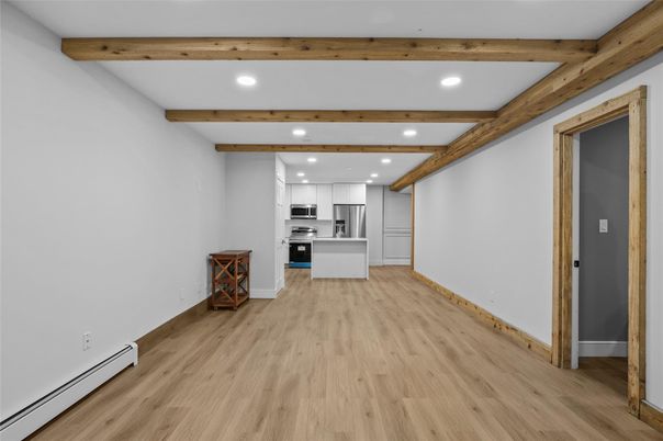Interior, Kitchen, Recessed Lighting, Stainless Steel Appliances, Wooden Beams, Wood Texture Flooring