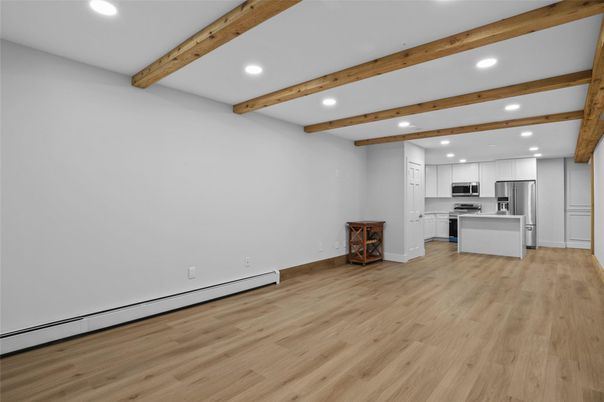 Interior, Kitchen, Recessed Lighting, Stainless Steel Appliances, Wooden Beams, Wood Texture Flooring